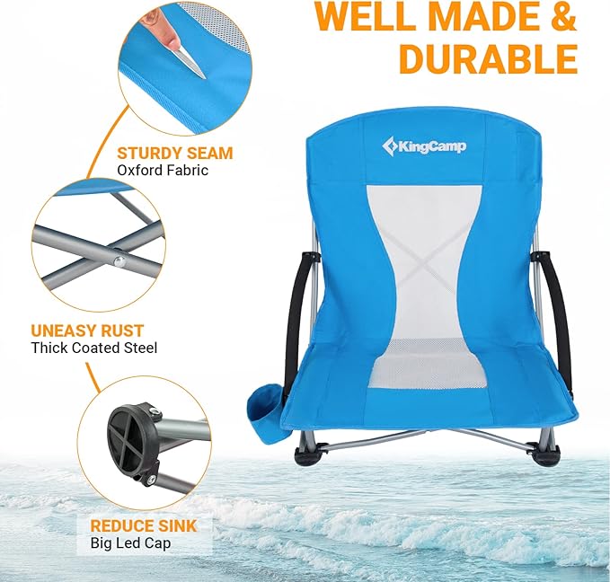 KingCamp Low Beach Chair, High Back Folding Camping Chair for Adults, Oversized Breathable Mesh Seat, 300lbs Heavy Duty Portable Chair with Cup Holder & Storage Pockets for Beach, Outdoor
