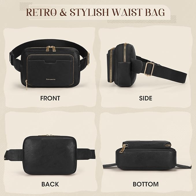 RAINSMORE Fanny Packs for Women, Leather Belt Bag Waterproof Everywhere Crossbody Waist Pack with Adjustable Strap Retro Sling Chest Bag for Work Running Travel Party, Black