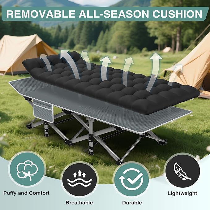ZENPETIO Oversized XXL Folding Camping Cot, Heavy Duty Sleeping Cot for Adults with Mattress and Pillow, Portable Cot Bed with Carry Bag for Outdoor Camp Travel Home Guest Office, Gray Black