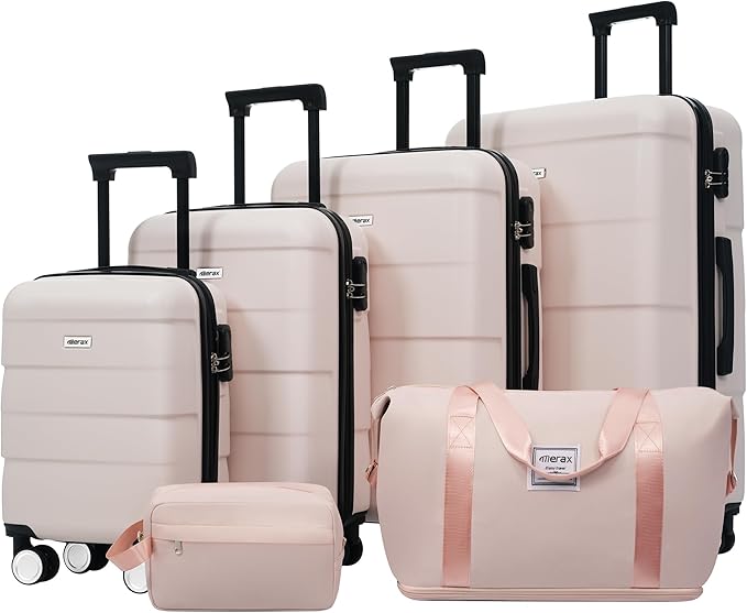 Merax Luggage Sets,Hardcase Suitcase with Bags,6 Piece Lightweight Carry on Luggagewith Double Spinner Wheels Lock,16+20+24+28 inches,Light Pink