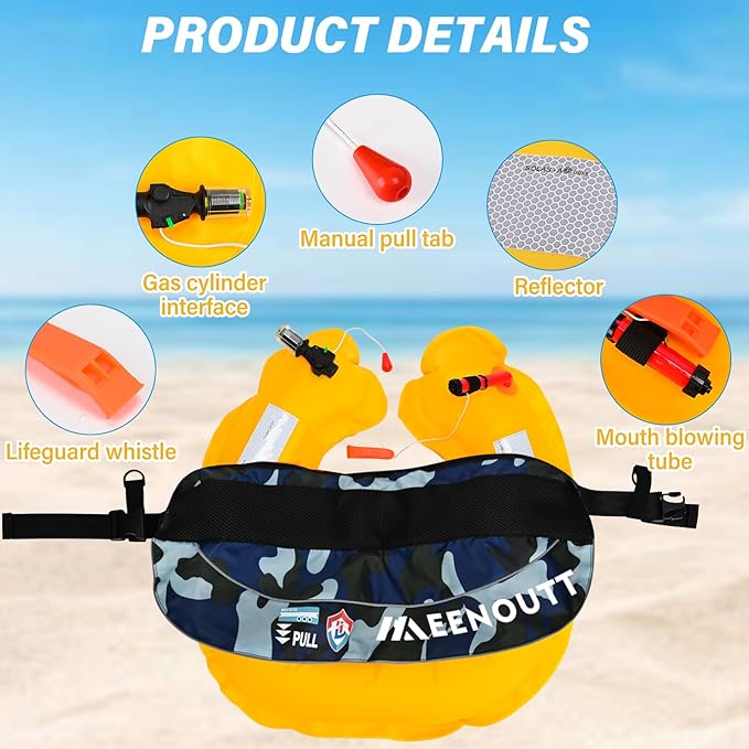 Automatic Inflatable Belt Pack Water Sports Jacket Waist Belt PFD for SUP Paddleboarding Fishing Boating Kayaking（fit 80-330 lbs） (Dark blue camouflage)