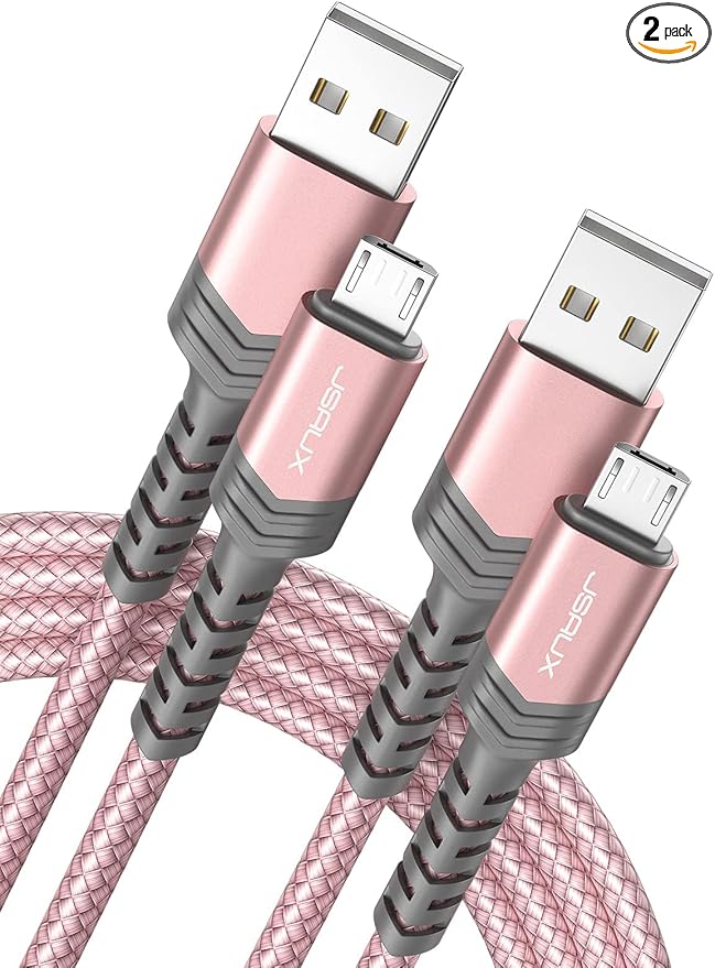 JSAUX (2-Pack 6.6FT) Micro USB Android Charger Cable Nylon Braided Cord Compatible with Galaxy S7 S6 J7 Edge Note 5, Kindle. MP3 and More-Pink