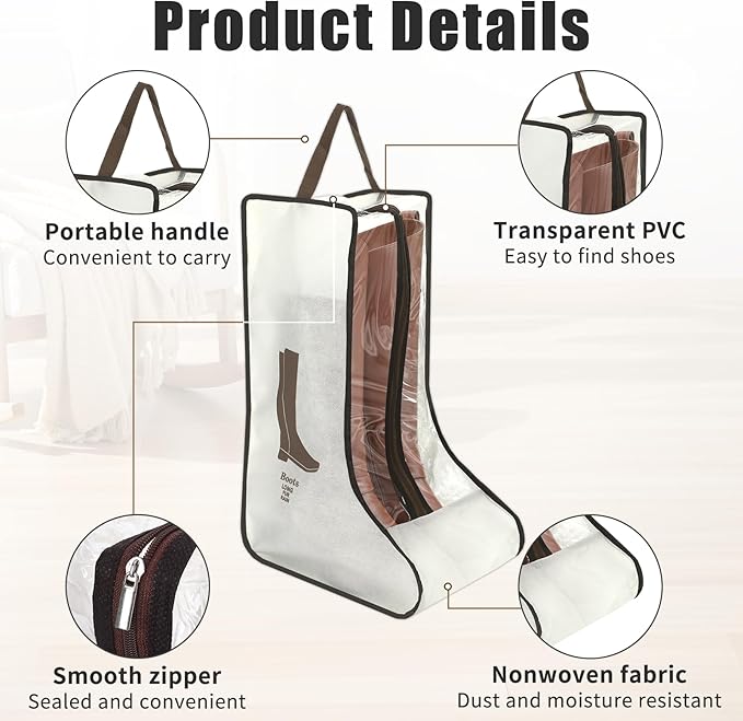 2 Pack Beige Boot Storage Bag, Portable Dust Proof Boot Bags for Cowboy Boots, Shoe Cover Protector Bag for Boots Storage and Organizer Packing, Tall Boot Storage Carry Bag for Travel Daily Use