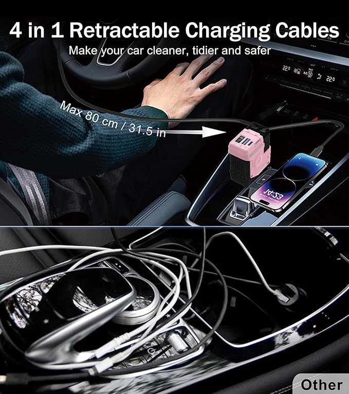 Retractable Car Charger, 4 in 1 Retractable Phone Charger with 66W Fast Charging, 2 Retractable Cables and 2 USB-C USB-A Por, Cute Girly Car Accessories for iPhone 17/16/15/14/13/12, Samsung, Pixel