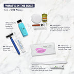 Personal Care Travel Toiletries | 1-Shoppe Amenities Kit | Travel Shaving Set, Toothbrush & Paste, Mouthwash, Makeup Wipes, Swabs, Nail File & Sewing Kit | 300 Pieces