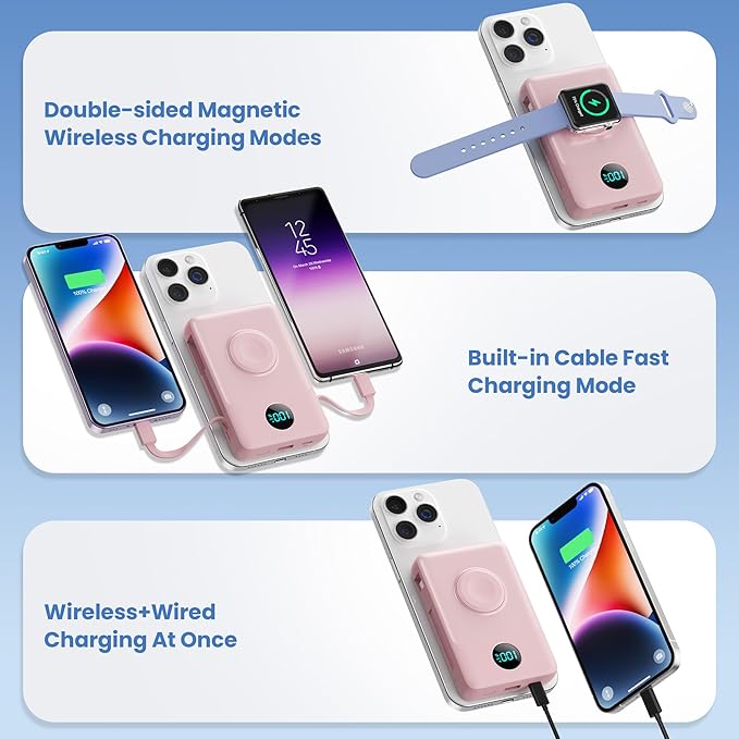 6 in 1 Magnetic Portable Charger for iPhone with Built-in Cables, 10800mAh 25W PD Fast Charging Power Bank, 6 Outputs Travel Essential Battery Pack for iPhone 17/16/15/14/13/12,Apple Watch (Pink)