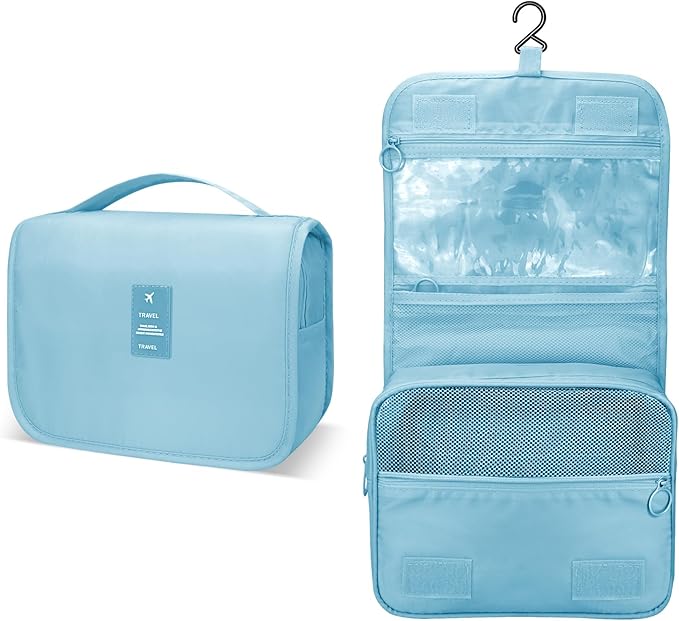 Lcsmaokin Large Capacity Toiletry Bag Travel Bag with Hanging Hook for Men and Women Waterproof Travel Cosmetic Bag Bathroom Storage Bag for Brushes Set, Full-Sized Shampoo,Accessories(Baby Blue)