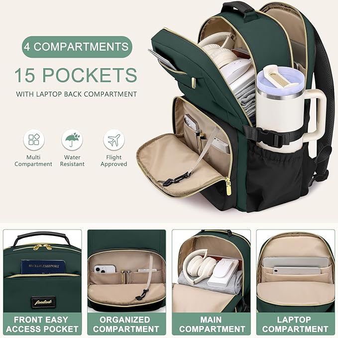 Focdod Laptop Backpack for Women Bookbag: 15.6 inch Work Backpacks with Pouch Pocket for Large Capacity Cup & USB Charger College Book Bag Travel Business Nurse Teacher Bookbags Anti-theft Back Pack