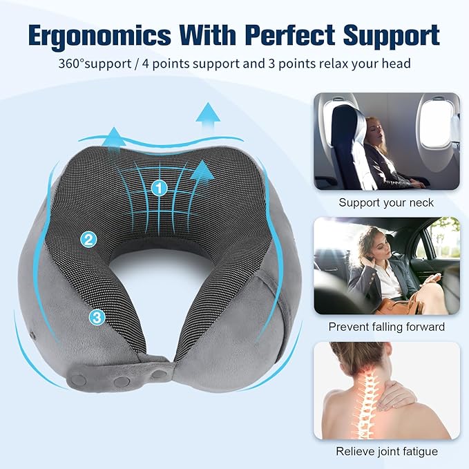 Cirorld Neck Pillow for Traveling, Travel Pillows for Airplanes,100% Pure Memory Foam Travel Neck Pillow, Adjustable Flight Pillow, Portable Plane Accessories with Eye Mask, Earplugs, Carry Bag