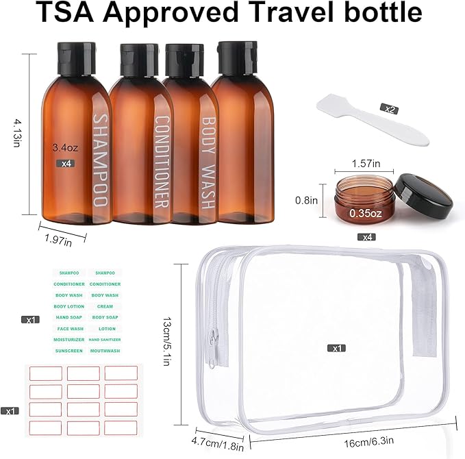 Travel Bottles for Toiletries 8 Pack 3.4oz TSA Approved Travel Size Containers Leak Proof Plastic 0.35oz Small Cream Jars Refillable Toiletry Bottles for Shampoo Conditioner Lotion(Brown)