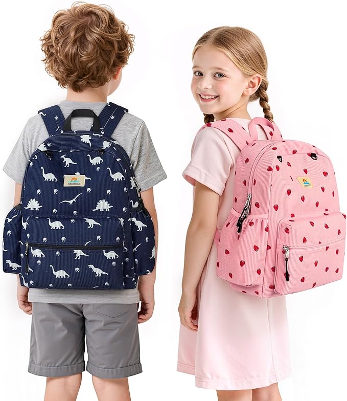 STEAMEDBUN Corduroy Kids Backpack for Girls and Boys 5-8: Girls Backpack for Elementary Kindergarten - 15 inch Cute Backpacks for Kids - Strawberry