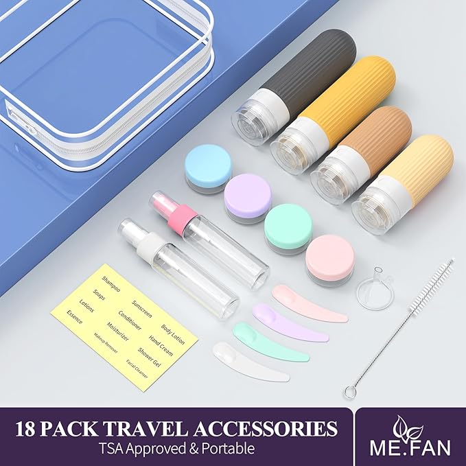 ME.FAN 18 Pack Travel Bottles for Toiletries, TSA Approved Silicone Portable Size Bottle, Refillable Cosmetic Container Kits for Conditioner, Shampoo, Lotion,Face Cream - Yellow