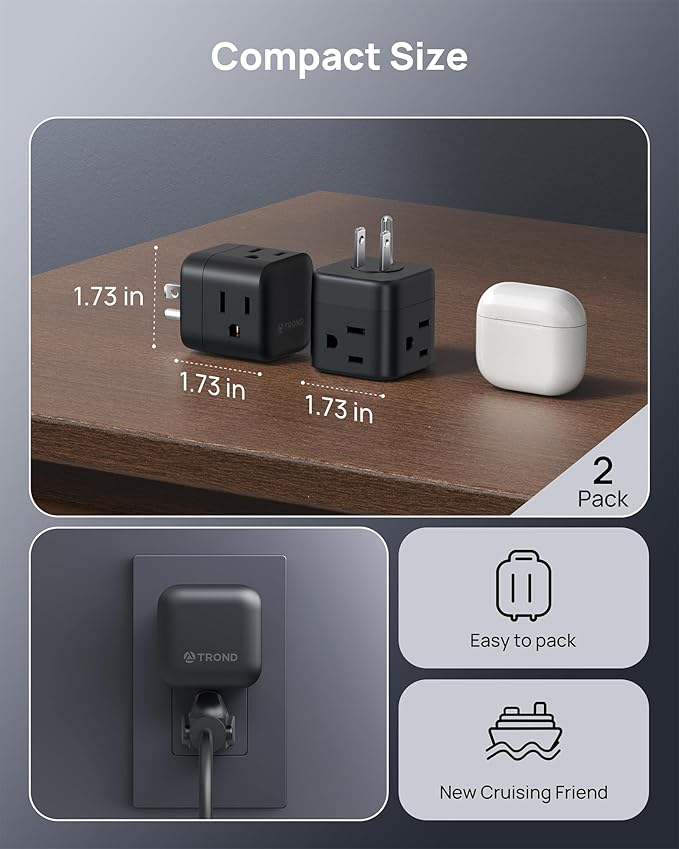 TROND Multi Plug Outlet Extender 2 Pack, 3 Way Outlet Splitter with 360 Rotating Plug, Turn One into Multiple Sideways Adapter, A Black Charging Station for Home Office with Dark Wall Decor