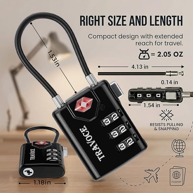 TRAVOCE TSA Approved Luggage Locks - Heavy Duty 3 Digit Combination Cable Lock, Search Alert for Suitcases, Backpacks, Golf Bags, Tents, Violin and Camera Cases, 2 Pack, Black