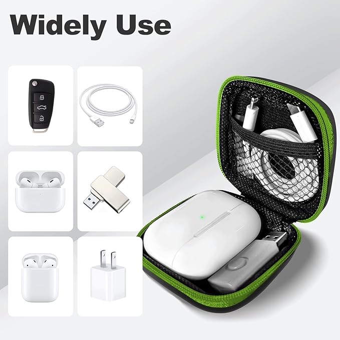 Square Earbud Case Portable EVA Carrying Case Storage Bag Cell Phone Accessories Organizer with Carabiner for Earphone, Earbud, Earpieces, SD Memory Card, Camera Chips, Tech Pouch, Green