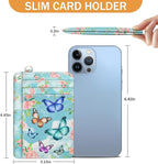 Yonlevres Credit Card Holder Slim Wallet, Butterfly RFID Wallet Women Front Pocket Small Card Holder, Travel Cute Funny Thin Card Case ID Window PU Leather RFID Blocking Card Organizer Gifts Girls