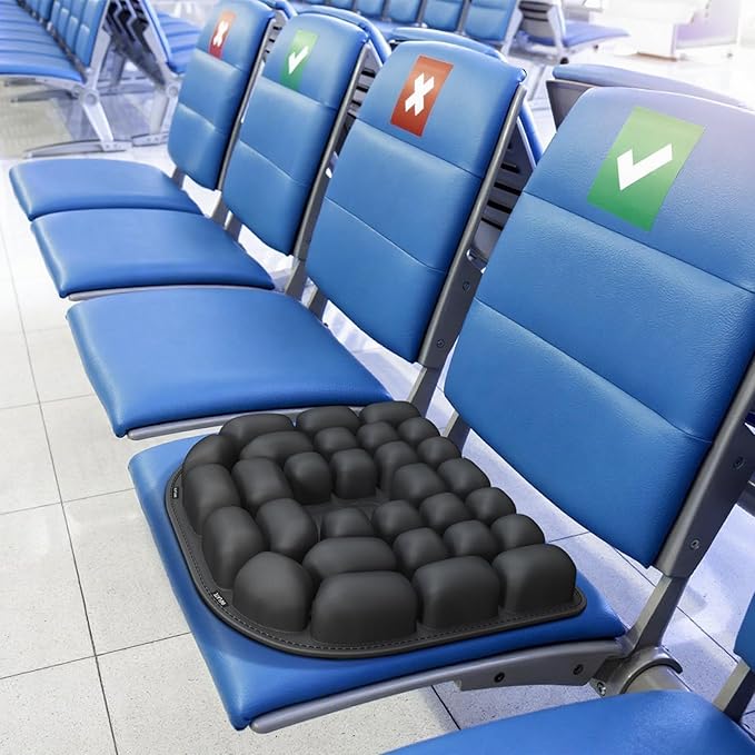 Inflatable Travel Seat Cushion for Airplane - Portable Air Pad with Built-in Pump for Long Flights & Car Rides - Ergonomic Tailbone Pain Relief for Office Chair, Wheelchair, Stadium
