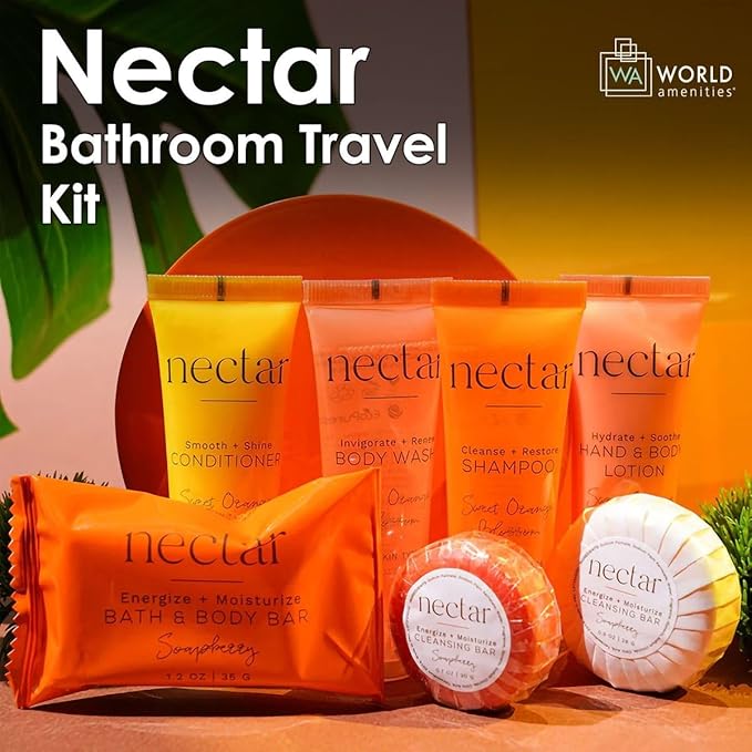 World Amenities Nectar Mini Travel Size Toiletries Bathroom Kit | Sweet Orange Blossom| Shampoo, Conditioner, Body Wash, Lotion, Two Round Cleansing Bars and Body Bar