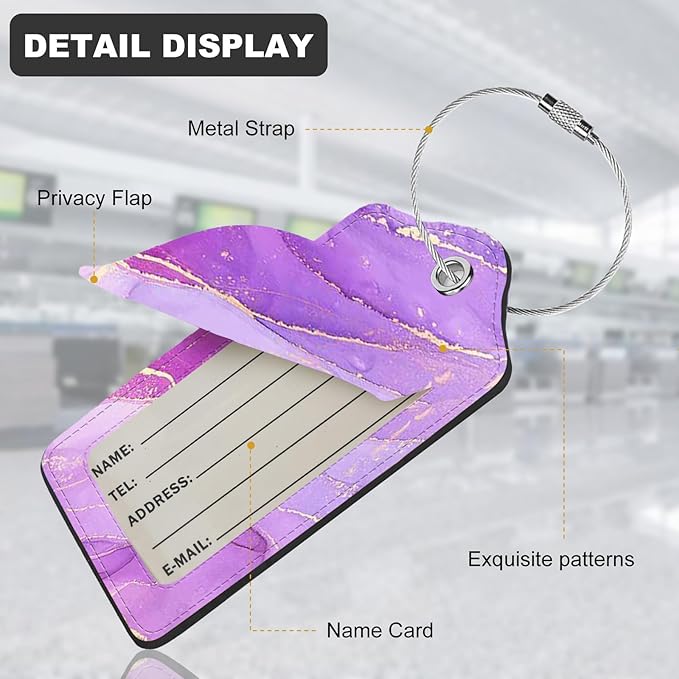2Pack Luggage Tags for Suitcases, Cute Unique Pu Leather Cruise Luggage Tag with Privacy Cover ID Label Address Card and Metal Ring Suitable for Women Men Kids Travel Bag Purple Marble Pattern