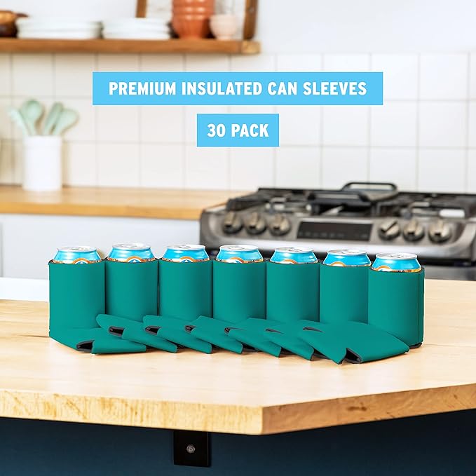 Blank Beer Can Coolers Sleeves (30-Pack) Soft Insulated Beer Can Coolies - HTV Friendly Plain Koolies in Bulk for Beer Cans & Bottles - Coolie Blanks for Vinyl Projects & Wedding Favors (Teal)