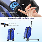 Scooter Suitcase for Kids & Adults，3-D Hardshell Ride On Scooter Luggage with Led Light Up Wheels，TSA Lock，Lightweight Foldable Carry On Rideable Suitcase for Children Teenagers (Blue, 21-inch)