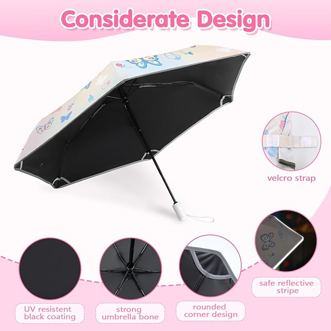 Kids Folding Umbrella Auto Open/Close Umbrellas for Rain Round Corner Safe Design UV Resistant Automatic Children Travel Umbrellas Reinforced Canopy 360° Reflective Strip Lightweight for Girls & Boys