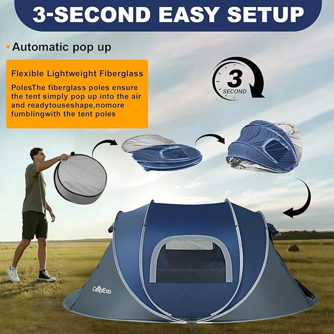 Camping Tent, Pop Up Instant Tent for 2-3 Person, Sets Up in Just Seconds, Waterproof Durable Tent with Carry Bag for Camping Hiking Outdoor