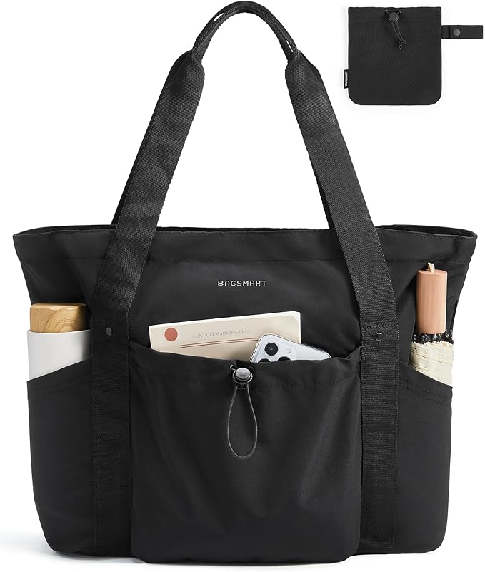 BAGSMART Foldable Tote Bag with Drawstring Bag, Tote Bag Shoulder Bag Top Handle Handbag for Travel, Work, Beach, Gym