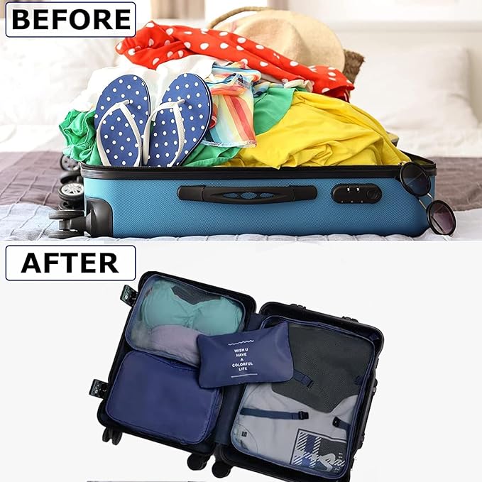 LANSKLBD 6 Set Packing Cubes for Travel, Luggage Organizers with Shoe & Toiletry Bags, Lightweight Suitcase Organizer for Carry-On, Washable Laundry Bags(Dark Blue)