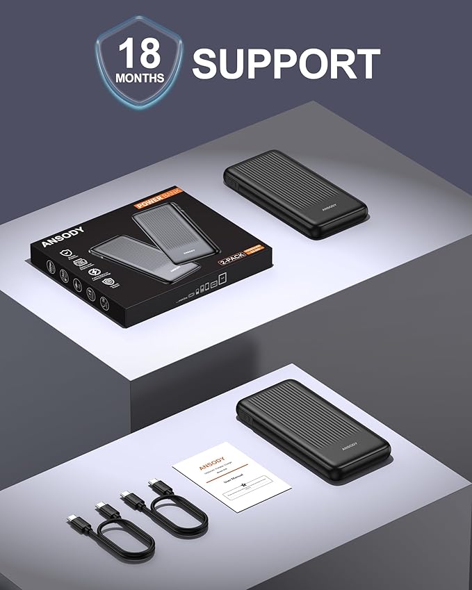 2-Pack Portable Charger, 10000mAh 22.5W Slim USB C Power Bank Fast Charging with 2 Outputs & 2 Inputs, Digital Display Battery Pack Compatible with iPhone Samsung iPad Tablets, Black & Black