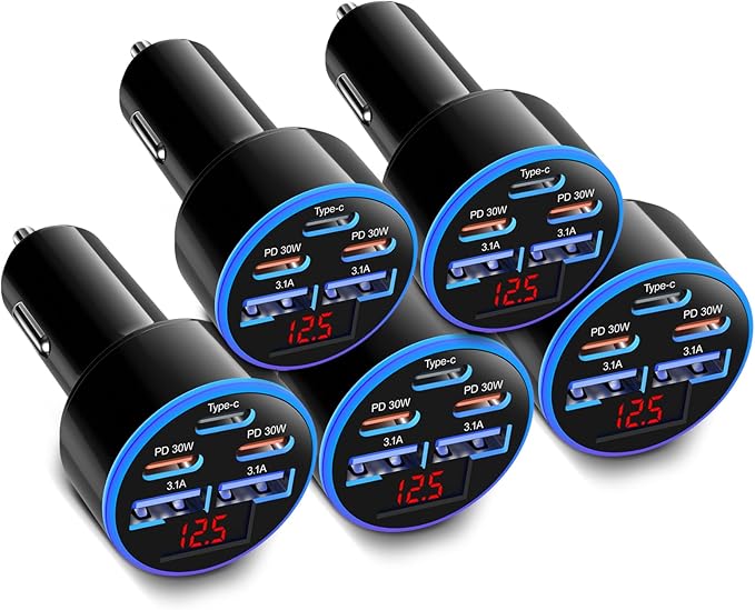 5-Pack USB C Car Charger 90W, OKRAY 5-Port Super Fast Charging PD30W 12v Cigarette Lighter Adapter USB-C&USB-A Multiport Car Phone Charger with Volt Meter for iPhone 17 16 15 14, iPad, Galaxy S25 A16