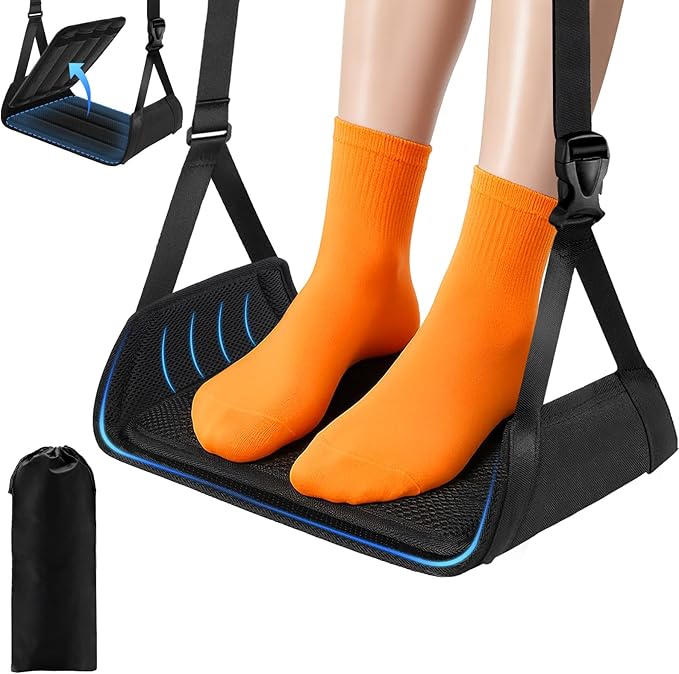 ExploreBliss Airplane Foot Rest - Lightweight Foot Hammock for Plane Travel with Adjustable Strap & Thick Board, Tray Table Under Desk Footrest to Relax Feet, Travel Essentials for Long Flights(Black)