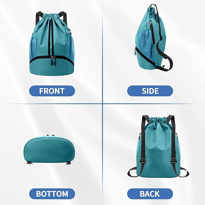 JELUTAR Drawstring Backpack Gym Bag with Shoes Compartment for Soccer, Basketball, Swim, Water-Resistant String Backpack Beach Cinch for Women Men, Teal