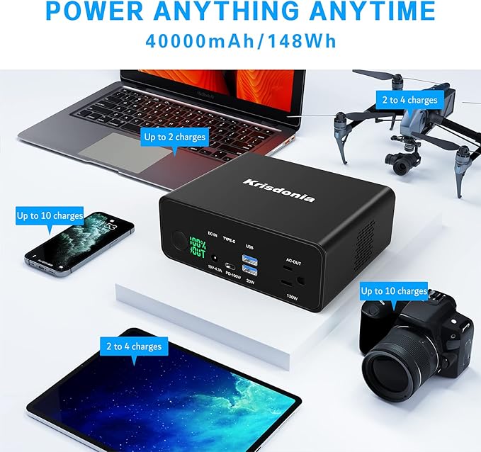 130W Portable Power Bank, 148WH/40000mAh Portable Laptop Charger Battery Backup with 110V AC Socket/ 100W Type-C Port/2 USB QC3.0 for CPAP Outdoor Camping Trip Hunting Emergency