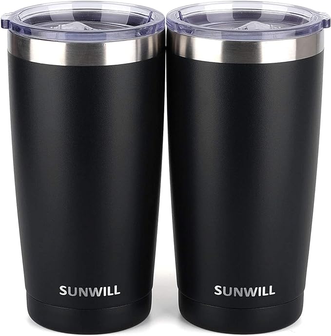 SUNWILL Travel Coffee Mug with Lid, 20 oz Tumbler Set of 2, Insulated Stainless Steel Cup for Water, Tea, Ice, Powder Coated Black 2 pack