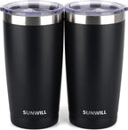 SUNWILL Travel Coffee Mug with Lid, 20 oz Tumbler Set of 2, Insulated Stainless Steel Cup for Water, Tea, Ice, Powder Coated Black 2 pack