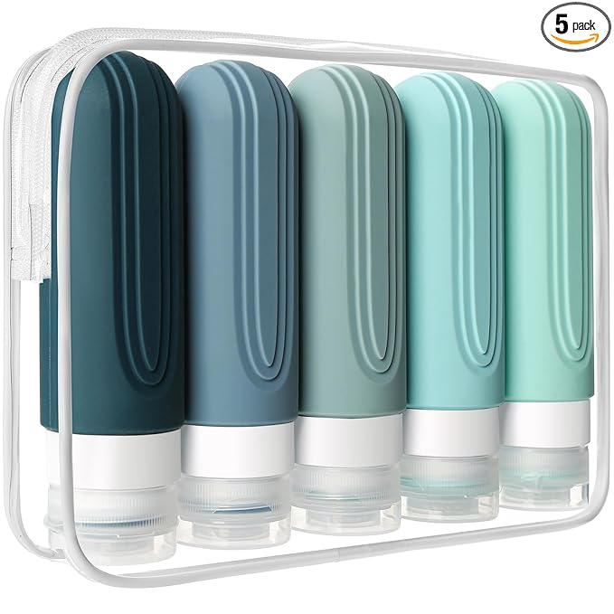 Travel Bottles for Toiletries, 5 Pack TSA Approved Travel Size Containers, 3oz Leak Proof Refillable Travel Accessories for Shampoo Conditioner, BPA Free Travel Bottles with Toiletry Bag