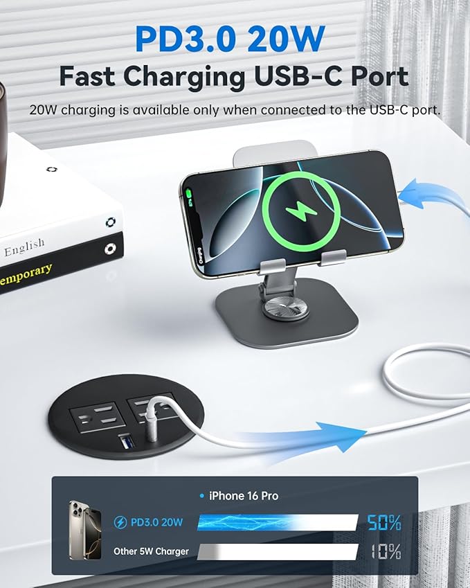 Desktop Power Grommet with 20W USB C Fast Charging, 3 inch Flush-Mount Recessed Power Strip for Desk,Office Tables,Furniture, Recessed Outlet 6FT Cord, 45° Thin Flat Plug, 2 USB Ports, Black