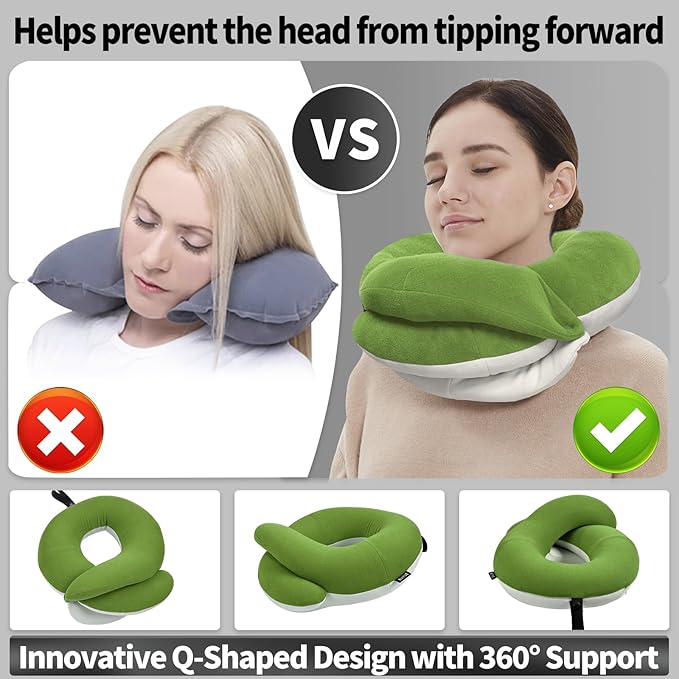 BUYUE Travel Neck Pillows for Airplanes, Memory Foam 360° Head Support Sleep for Long Flight, Skin-Friendly & Breathable, Kit with Eye Mask, Earplugs and Storage Bag (Adult, Green, 90+ lbs)