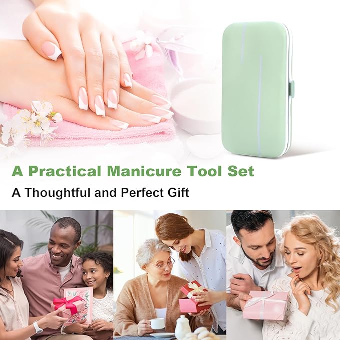 Manicure Set-Stainless Steel Nail Care Set-Professional 7 in 1 Ingrown Toenail Clipper Grooming Tool-Pedicure Kit & Toe Nail Cutter-Thick Nail Scissors Toiletries with Cuticle Trimmer (Green)