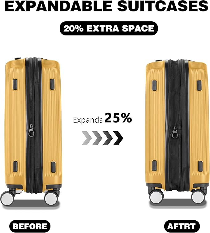 Luggage Sets 3 Piece, Lightweight Expandable PC Hardside Durable Suitcases with Spinner Wheels & TSA Lock, 20/24/28 Inch, Yellow