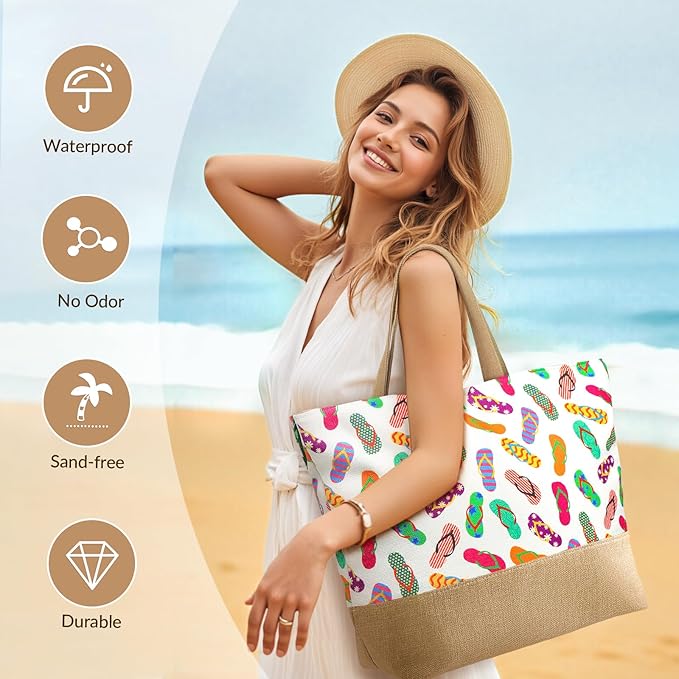 Trifabricy Beach Bag for Women, Large Beach Tote Bags with Zipper, Woven Straw Tote Waterproof, Swim Gym Shopping Travel Bag