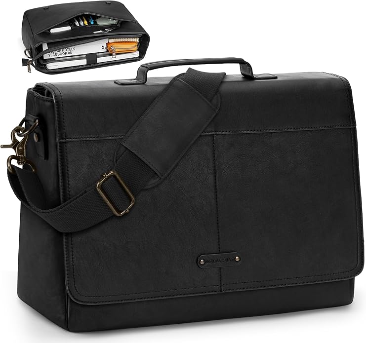 RAINSMORE Vintage Flap Messenger Bag for Men PU Leather Laptop Bag 15.6 Inch Mens Briefcase Waterproof Satchel Computer Bag