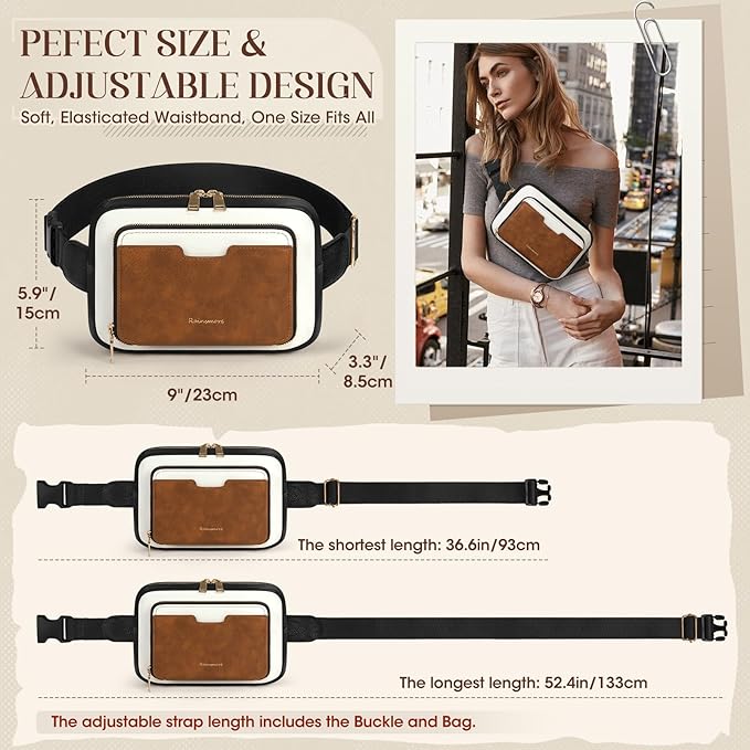 RAINSMORE Fanny Packs for Women, Leather Belt Bag Waterproof Everywhere Crossbody Waist Pack with Adjustable Strap Retro Sling Chest Bag for Work Running Travel Party, Black and Brown with White