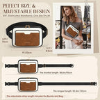 RAINSMORE Fanny Packs for Women, Leather Belt Bag Waterproof Everywhere Crossbody Waist Pack with Adjustable Strap Retro Sling Chest Bag for Work Running Travel Party, Black and Brown with White