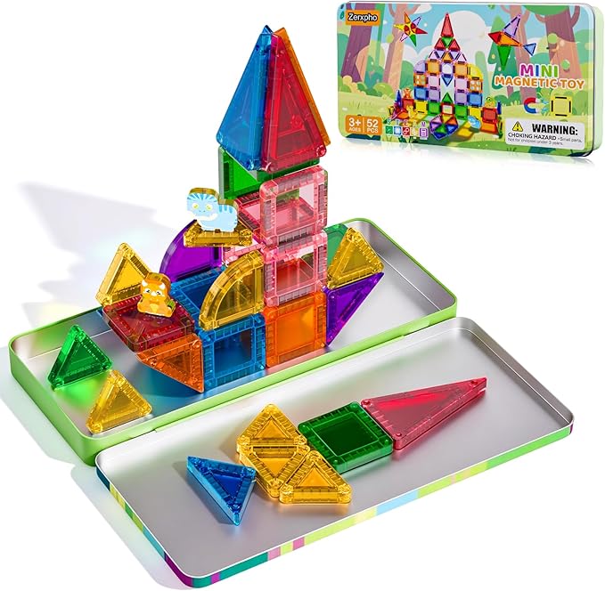 52PCS Mini Magnetic Tiles with Cute Animals, Travel Size Magnetic Construction Toys with Storage Box, Magnetic Blocks Building Toy for Kids Ages 4-8, Ideal Gift for Boys Girls Halloween Birthday