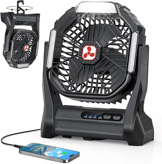 Portable Rechargeable Fan, 20000mAh Cordless Battery Powered Camping Tent Fans with LED Lantern, Small USB C Operated Outdoor Ventilador for Travel Camp Fishing Picnic Beach Office Home Essentials