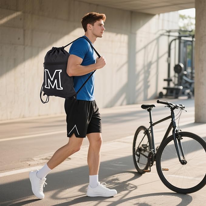 HOLYLUCK Drawstring Bags Initial Backpack Sackpack Cinch Bags for Sports, Gym, Travel, Beach (Black-M)