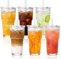 GOSCHE 20oz Glass Cups with Lids and Straws, Reusable Iced Coffee Cups, Thickened Glass Tumbler Set Ideal for Juices, Smoothies, Cocktails, and Beverage, Clear, 6 Pack