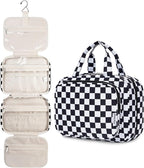 Narwey Hanging Toiletry Bag for Women Travel Makeup Bag Organizer Toiletries Bag for Travel Size Essentials Accessories Cosmetics (Black Checkerboard (Medium))